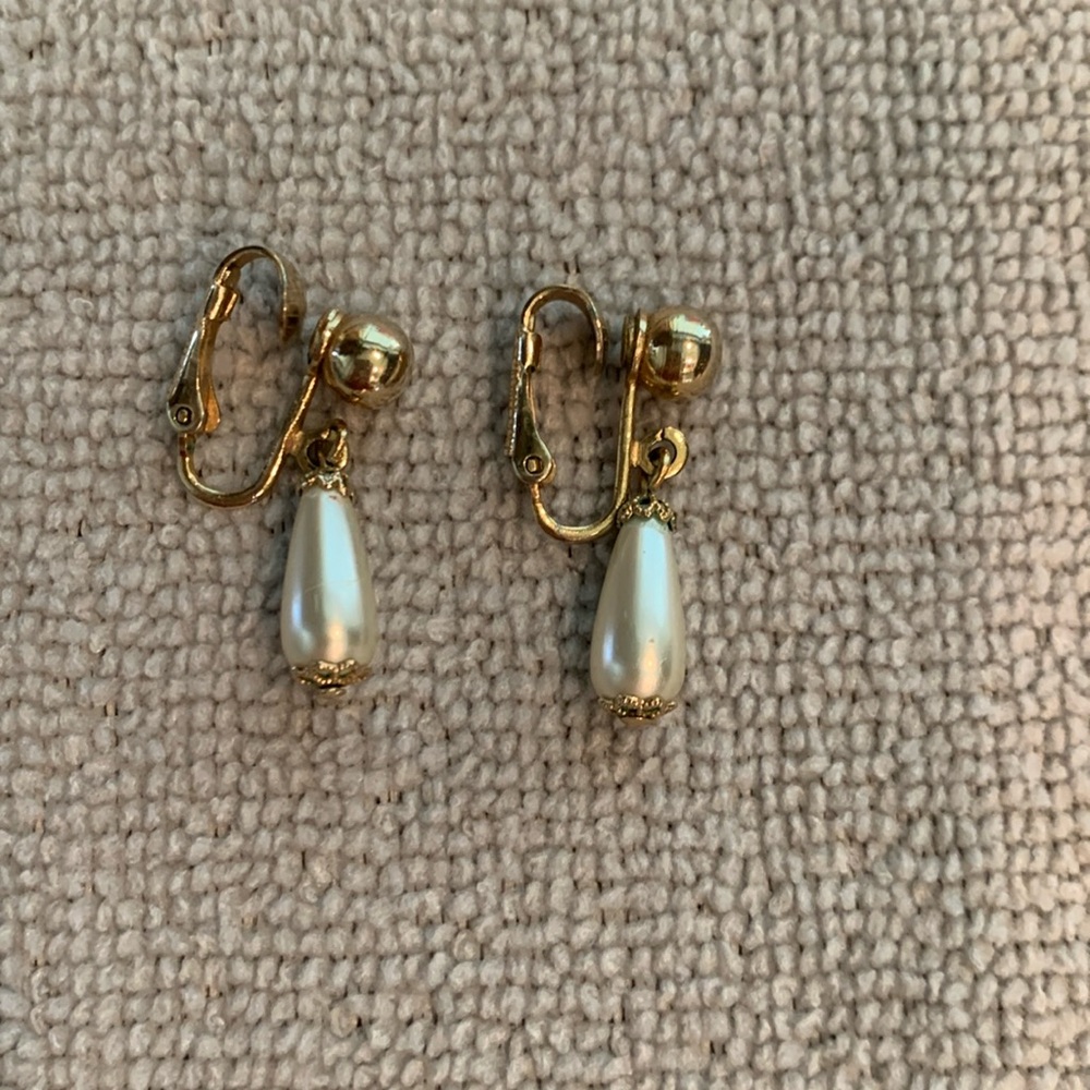 Vintage clip, gold tone, and pearl earrings
